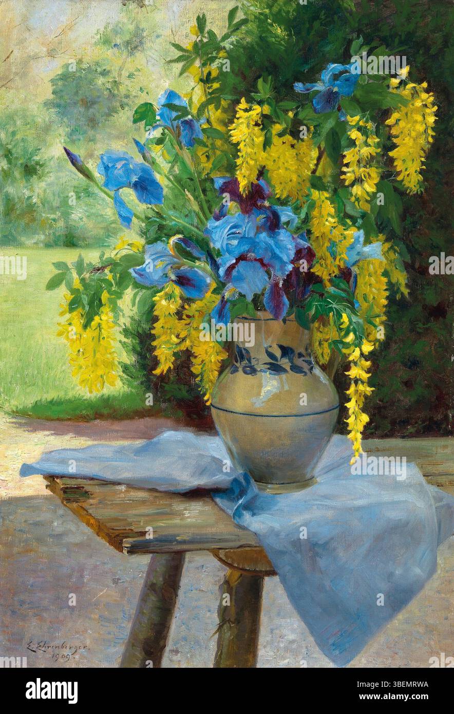 La peinture à l'huile d'Ella Ehrenberger de 1909, « Un bouquet floral aux iris et au laburnum », présente des iris vibrants et des fleurs de laburnum doré disposés dans une composition de nature morte saisissante. L'œuvre illustre l'habileté d'Ehrenberger en illustration botanique et son utilisation de la couleur et de la forme pour représenter la beauté naturelle. Signée et datée, elle reflète sa maîtrise de l’huile sur toile. Banque D'Images La peinture à l'huile d'Ella Ehrenberger de 1909, « Un bouquet floral aux iris et au laburnum », présente des iris vibrants et des fleurs de laburnum doré disposés dans une composition de nature morte saisissante. L'œuvre illustre l'habileté d'Ehrenberger en illustration botanique et son utilisation de la couleur et de la forme pour représenter la beauté naturelle. Signée et datée, elle reflète sa maîtrise de l’huile sur toile. Banque D'Images