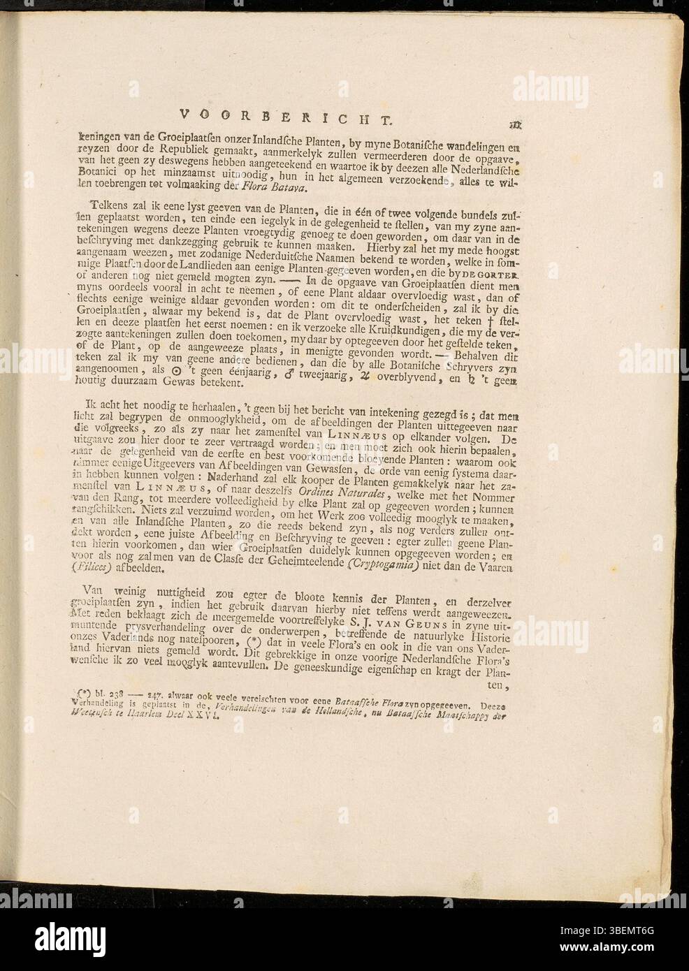 La troisième page de la préface néerlandaise du volume 1 de Flora Batava (édition KB) de Jan Kops, datée de 1800, poursuit l'introduction à l'ouvrage, discutant des objectifs de documenter la flore des pays-Bas d'une manière accessible. Banque D'Images