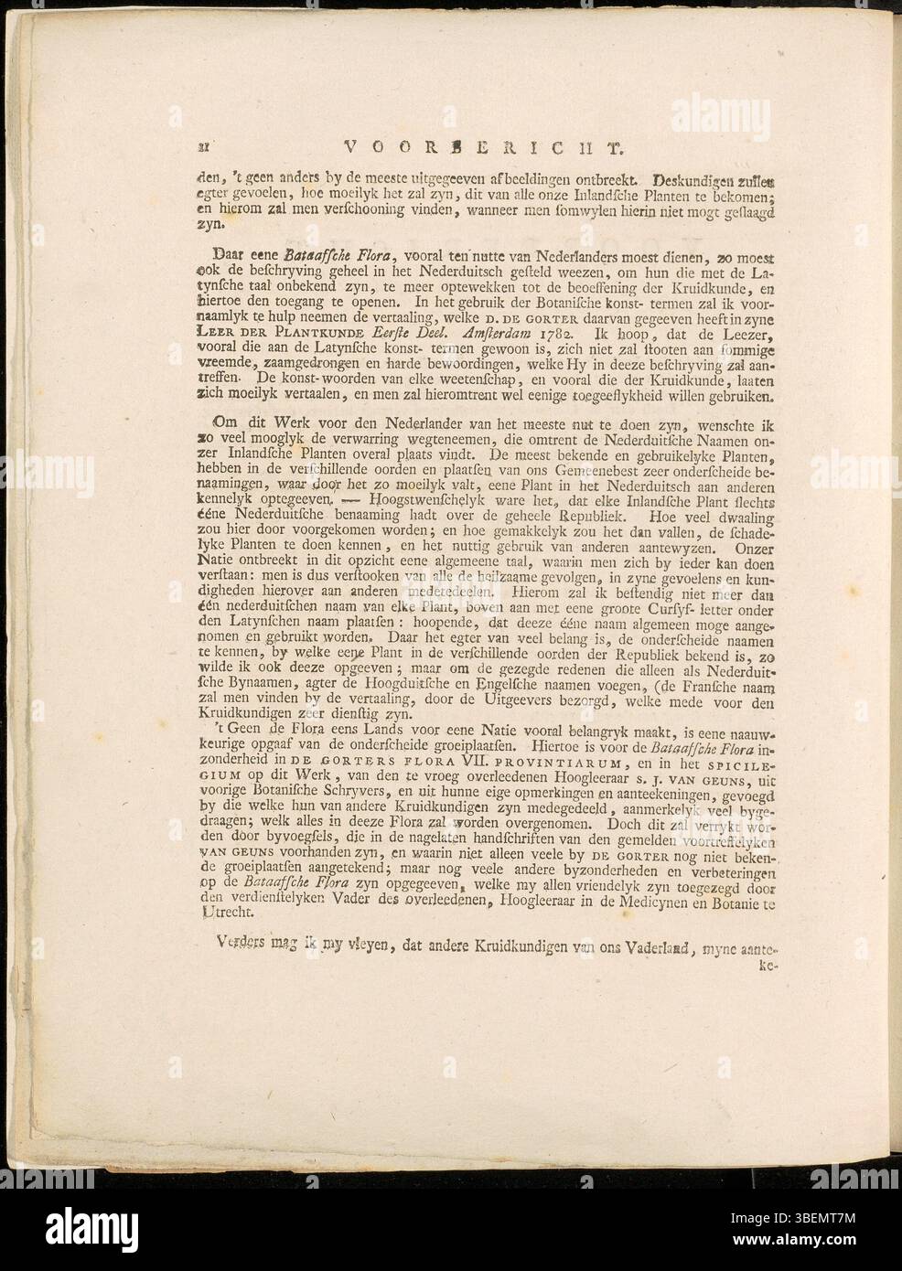 Ceci est la deuxième page de la préface néerlandaise du volume 1 de Flora Batava (KB Edition), écrite par Jan Kops en 1800. Il présente la portée et le but du travail botanique, axé sur la flore hollandaise. Banque D'Images