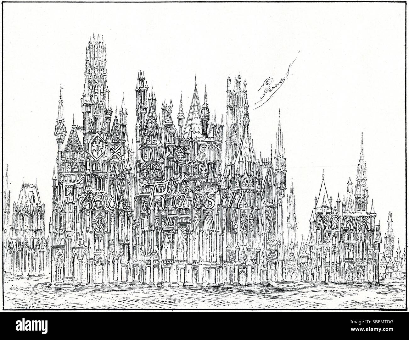 Ex-libris créé par Albert Robida pour Frédéric raisin, mêlant le style illustratif distinctif de Robida aux techniques de gravure. Le design présente des détails complexes et met en valeur l'approche imaginative de l'artiste en matière de graphisme Banque D'Images