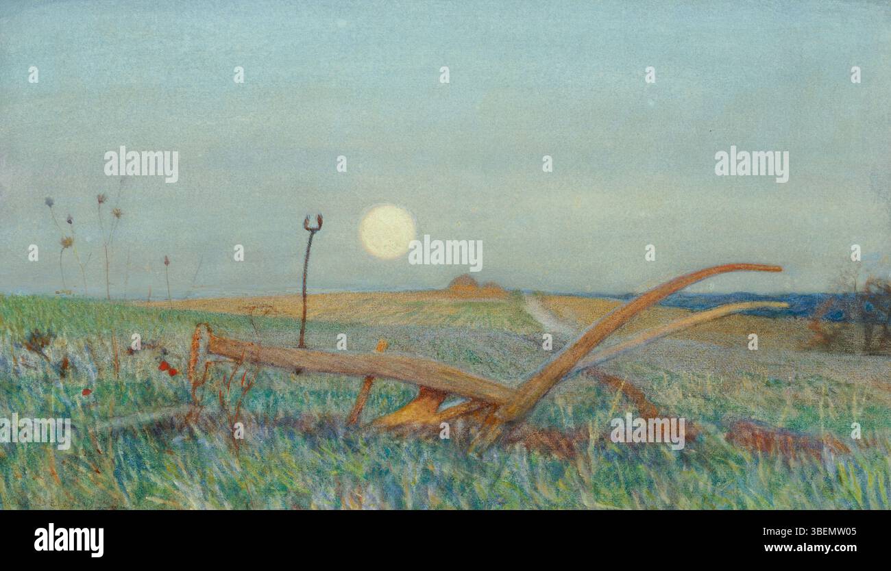 *La charrue* est une peinture de George Clausen (1852-1944), un artiste britannique. L’œuvre, qui représente une scène agricole rurale, reflète l’accent mis par Clausen sur la vie agricole et la peinture paysagère. Banque D'Images