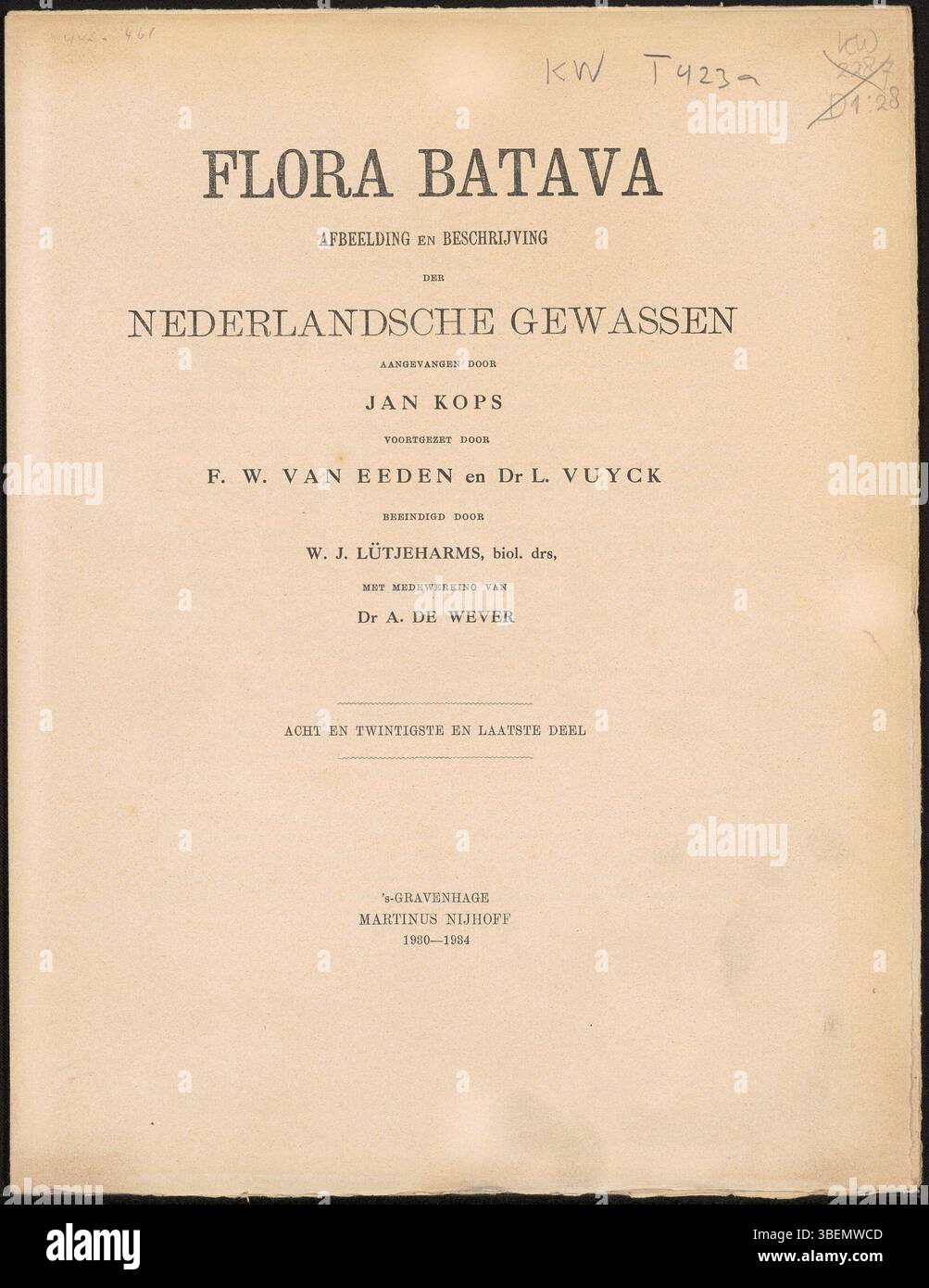 La page de titre de Flora Batava, volume 28, publié en 1934, marque le dernier volume de la série 'Afbeelding en Beschrijving der Nederlandsche Gewassen'. Il présente des illustrations botaniques et des descriptions de plantes hollandaises, concluant l'étude complète de la flore néerlandaise. Banque D'Images