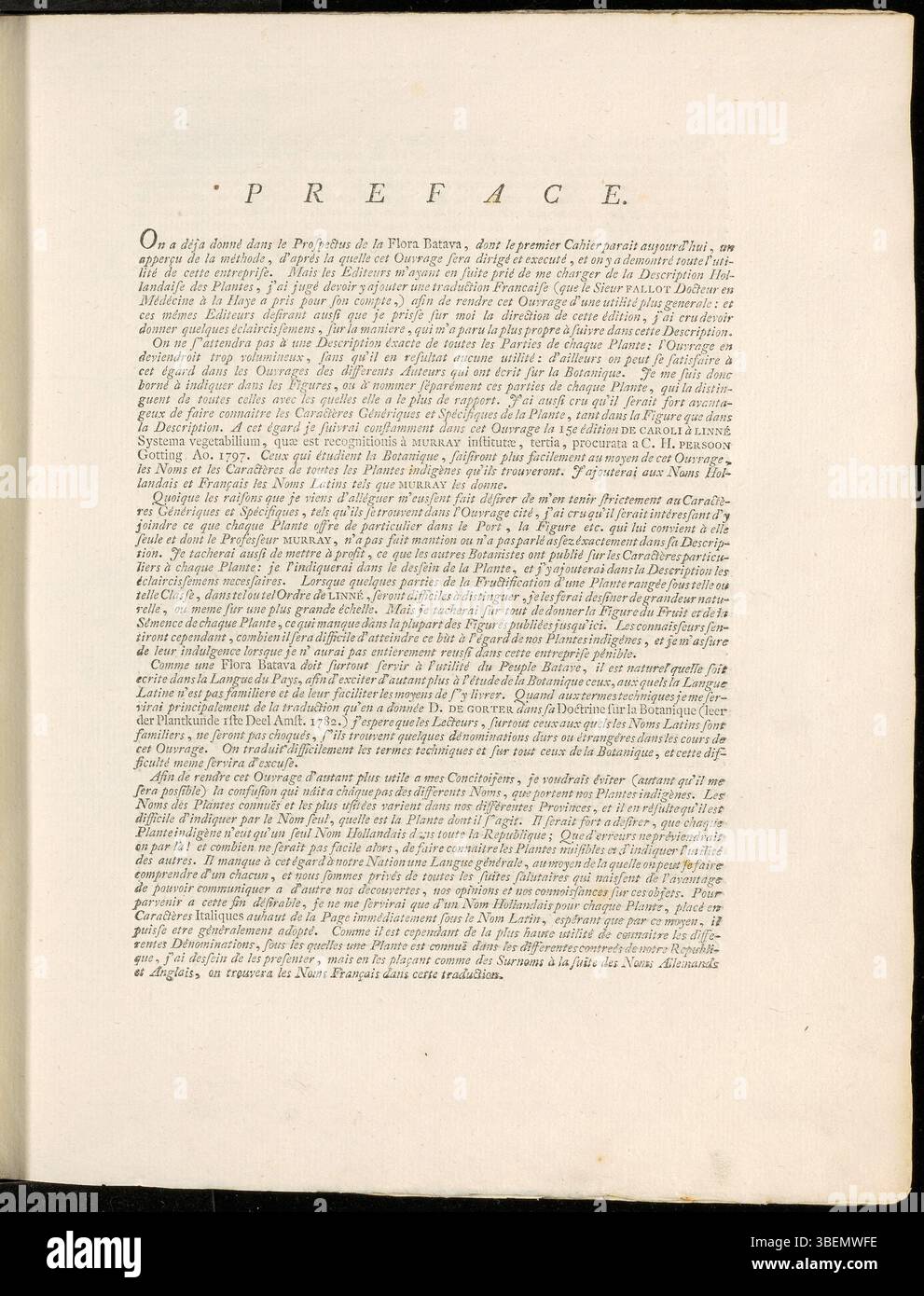 La préface de 'Flora Batava' (volume 1) de Jan Kops, datée de 1800, introduit cet important travail botanique. Kops, un botaniste néerlandais, a grandement contribué à l'étude des plantes aux pays-Bas, et son travail reste aujourd'hui influent dans la littérature botanique. Banque D'Images