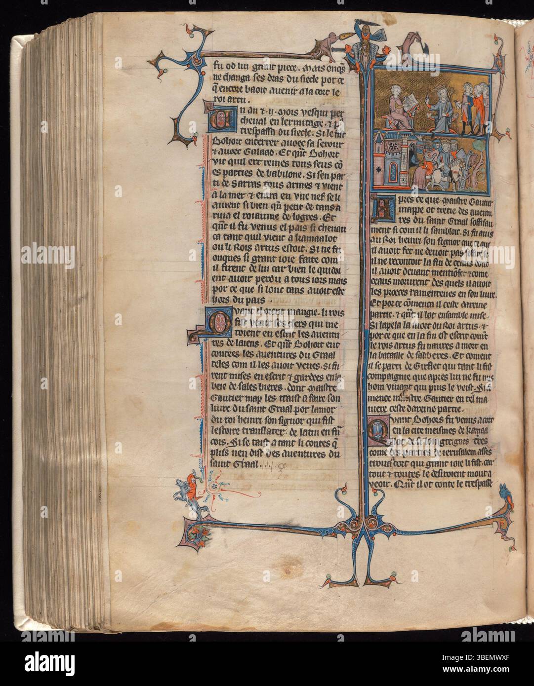 Page manuscrite française des années 1290 avec une miniature montrant le roi Henri II ordonnant à Walter Map d'écrire un livre de romances arthuriennes. Banque D'Images