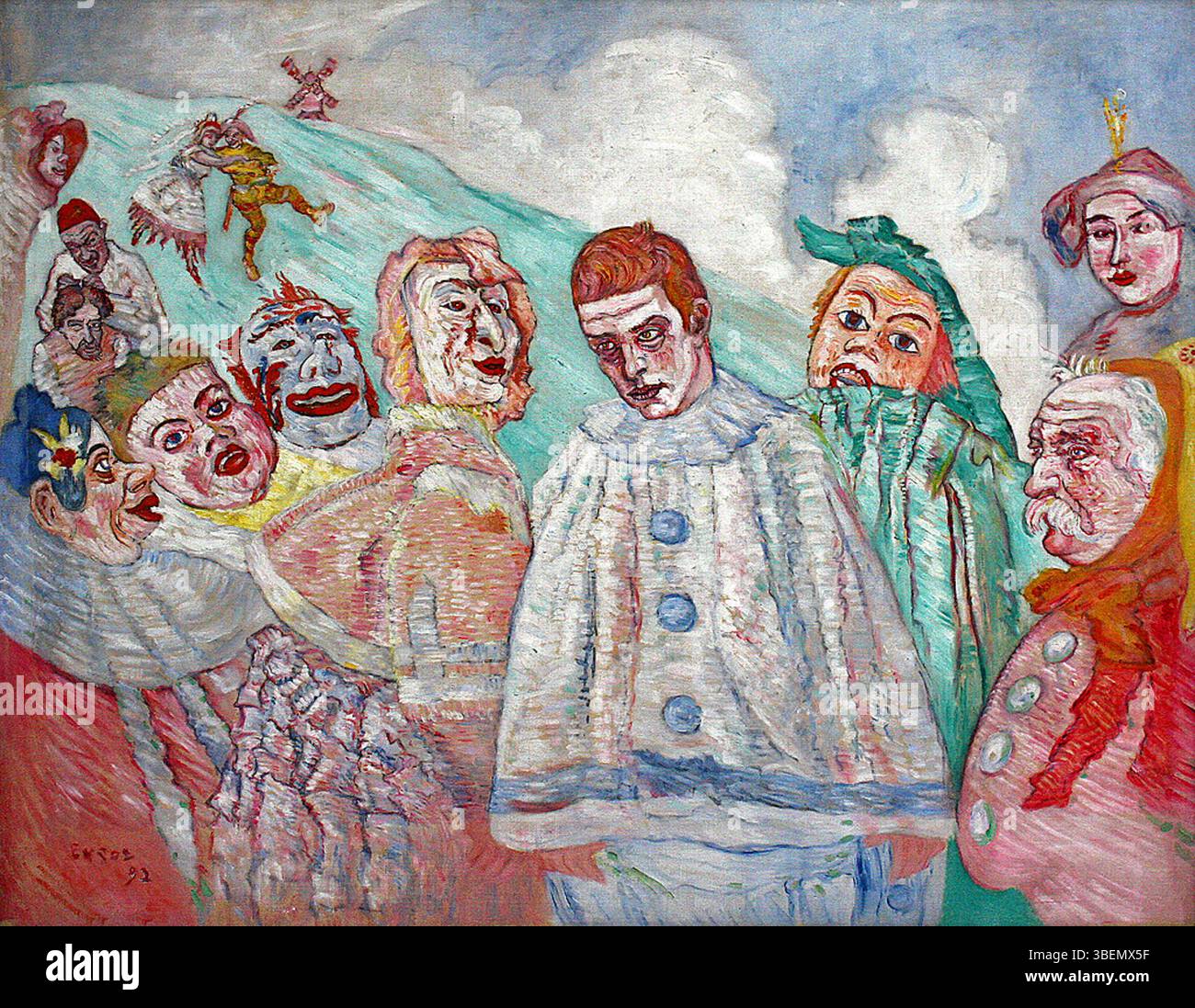 Le désespoir de Pierrot de James Ensor (1910) capture le désespoir du personnage de Pierrot, en utilisant des tons sombres et des traits faciaux exagérés pour évoquer des sentiments de tristesse et d'aliénation. Banque D'Images