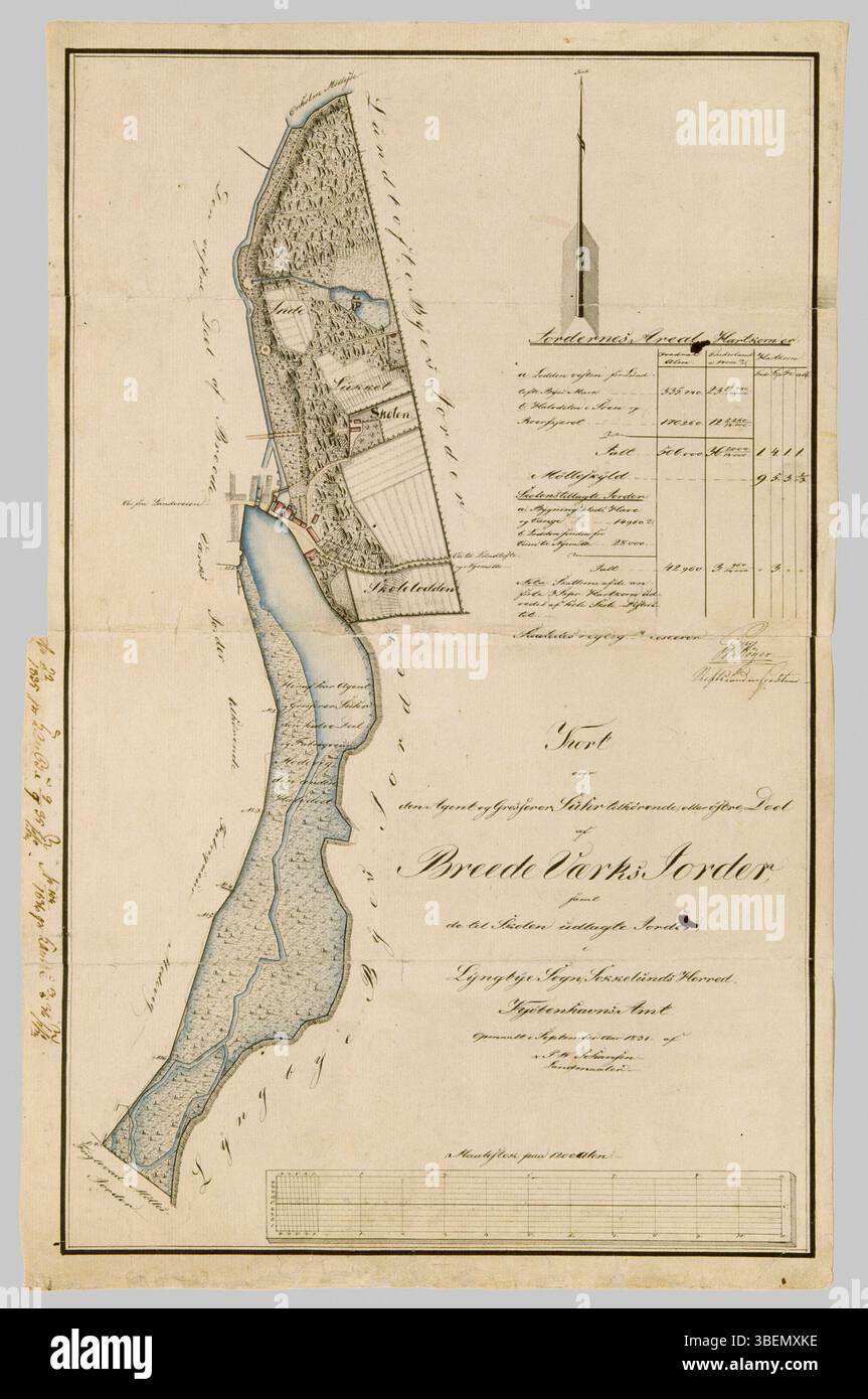 Une carte de 1831 montrant les terres de Brede Værk, qui ont été achetées par l'agent Theodor Suhr. Les champs lumineux représentent des parcelles utilisées pour le pâturage ou la culture, dans le cadre des avantages salariaux du capitaine. Banque D'Images