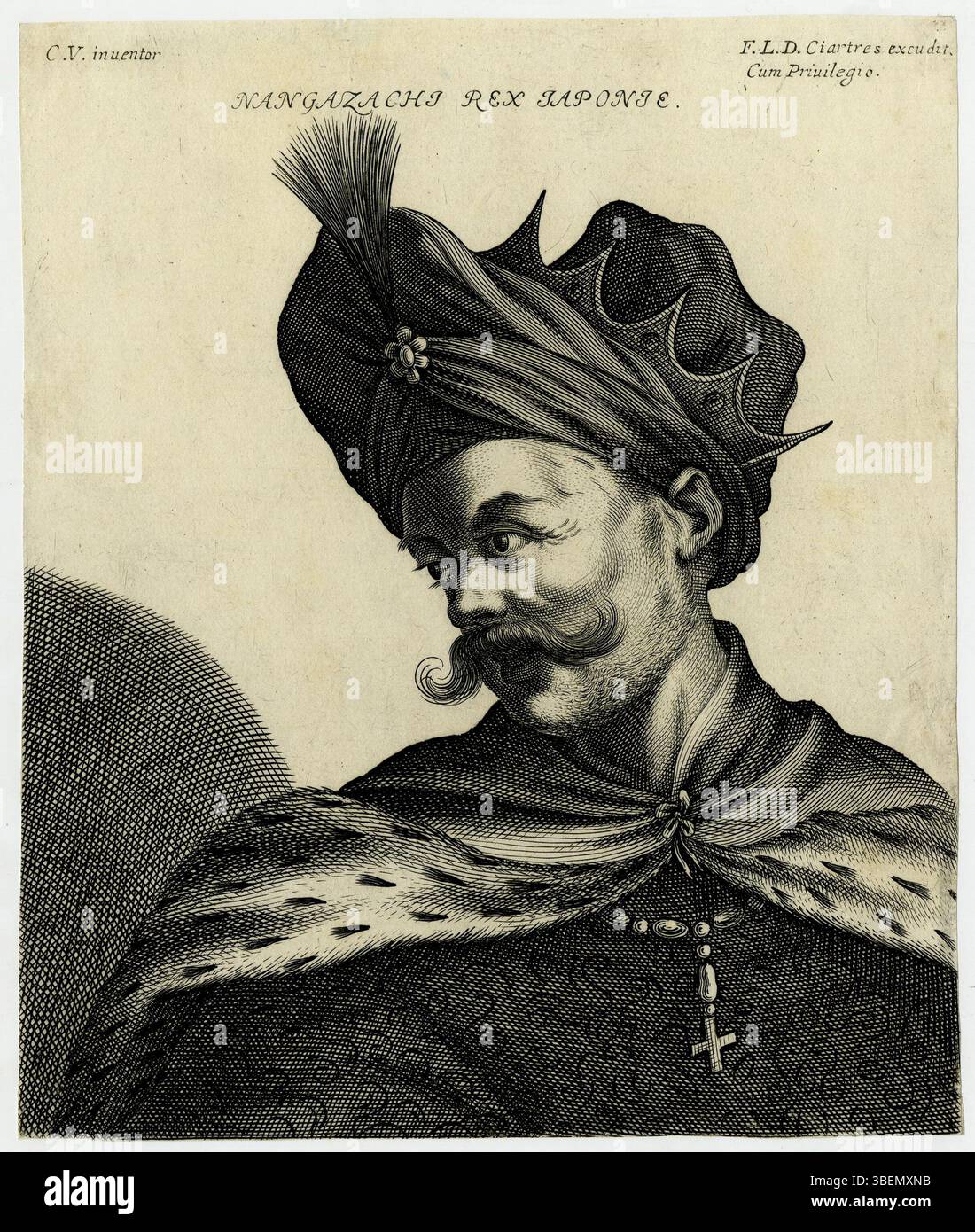 Cette gravure, 'Nangazachi Rex Iaponie' de Claude Vignon, représente un empereur japonais, rendu dans un style européen au XVIIe siècle. La pièce reflète l'approche artistique de la représentation des dirigeants étrangers de l'époque. Banque D'Images