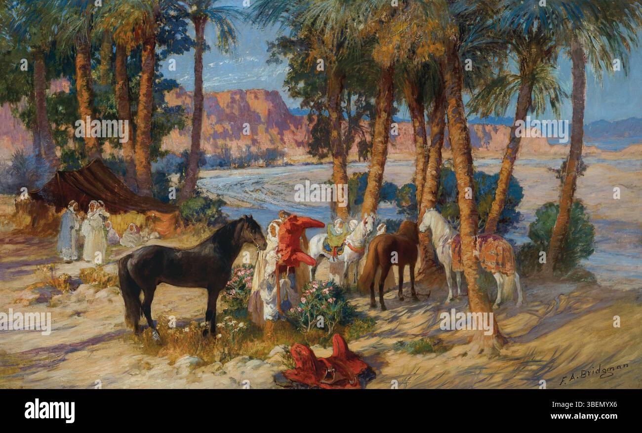 « Oasis, Alger » de Frederick Arthur Bridgman présente un paysage serein d'une oasis désertique à Alger, soulignant le contraste frappant entre la verdure luxuriante et le désert aride environnant. Bridgman, connu pour ses représentations vives de scènes nord-africaines, dépeint les couleurs vibrantes de l'oasis et le terrain désertique rude. Banque D'Images