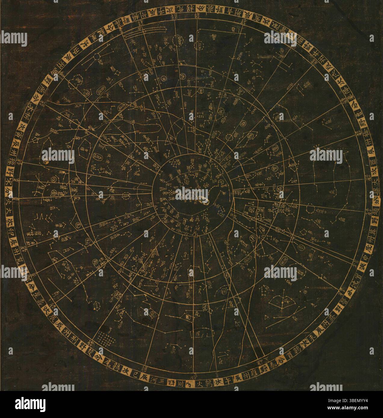 Détail de la Planisphère Soochow, un frottement du XVIe siècle d'une ancienne carte stellaire chinoise, mettant en évidence les caractéristiques célestes telles que la voie lactée, les 28 demeures et les symboles associés comme les quatre symboles. Banque D'Images