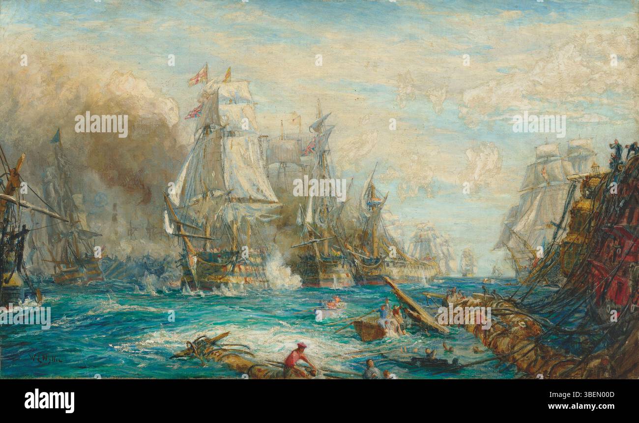 Une étude de William Lionel Wyllie pour son célèbre tableau 'la bataille de Trafalgar, 21 octobre 1805'. Cet ouvrage explore la bataille navale historique entre la Royal Navy britannique et les flottes françaises et espagnoles combinées. Banque D'Images