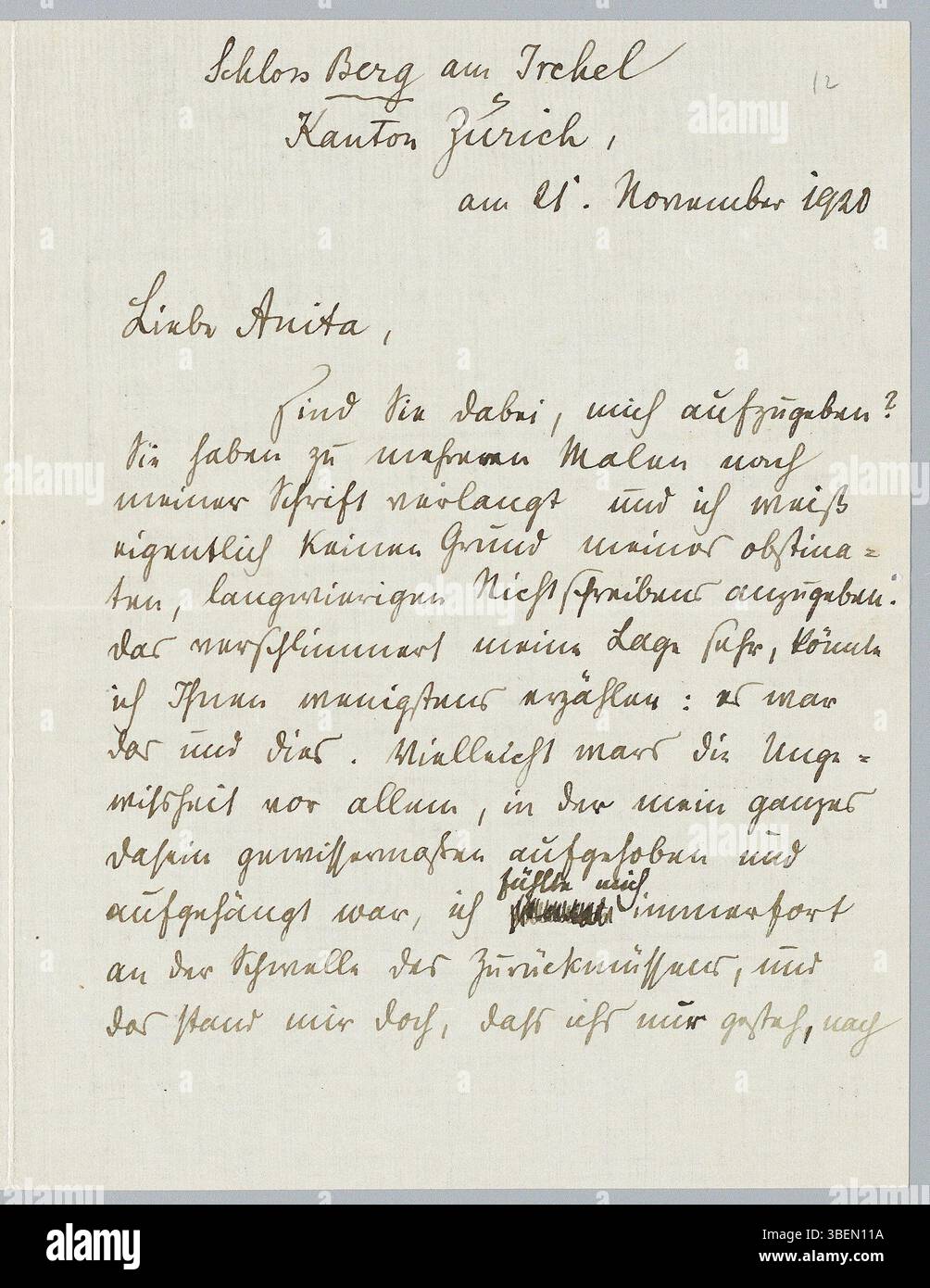 Une lettre de Rainer Maria Rilke à Anita Forrer, datée du 11 novembre 1920. Cette correspondance donne un aperçu des pensées personnelles de Rilke et de son travail littéraire au début du XXe siècle. Banque D'Images