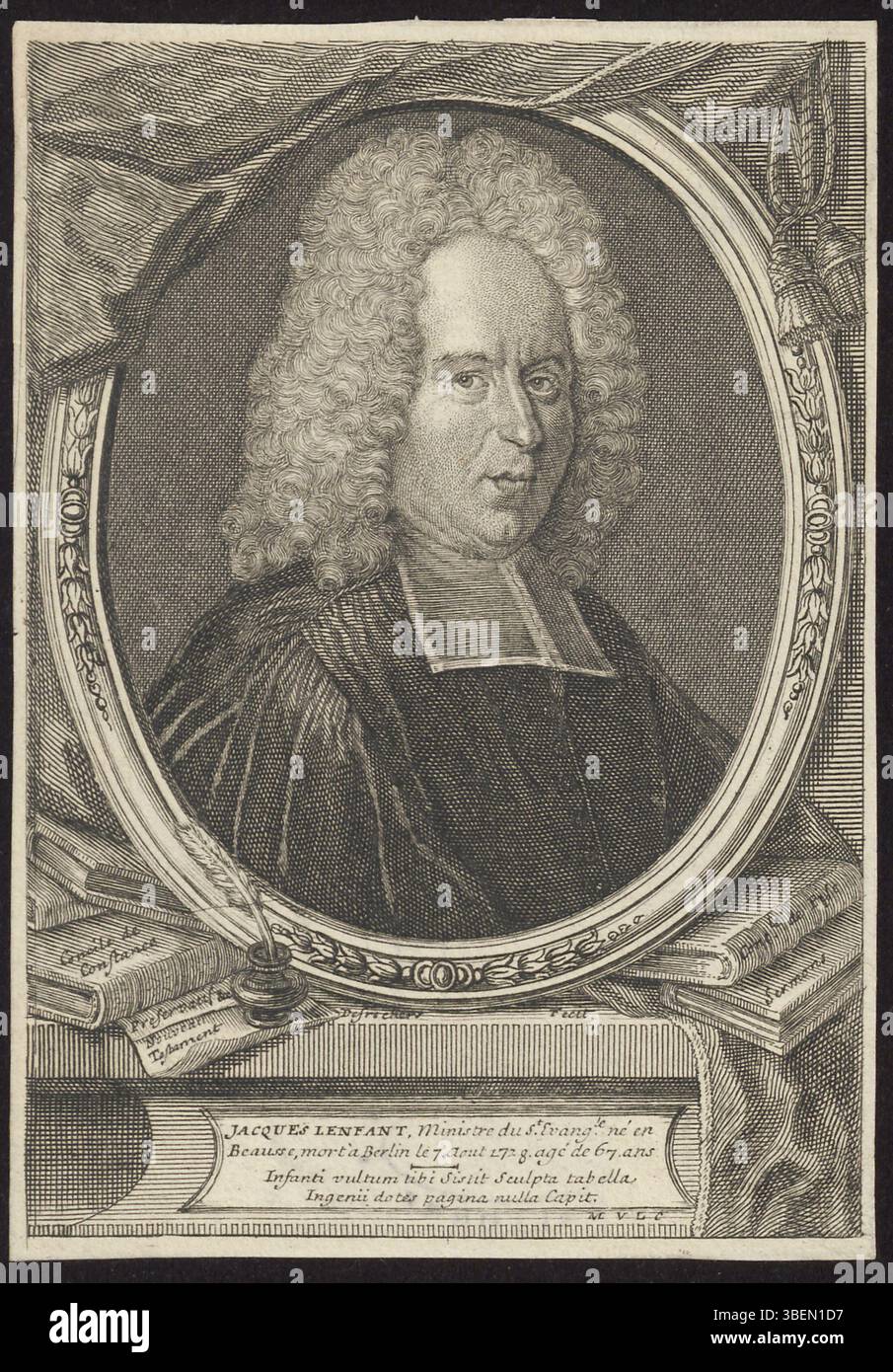 Ce portrait représente Jacques Lenfant, pasteur wallon. Le créateur, Monogrammist C.M.V.L., a conçu l'image, avec des inscriptions latines et divers titres de livres, dont Concile de Constance. Banque D'Images