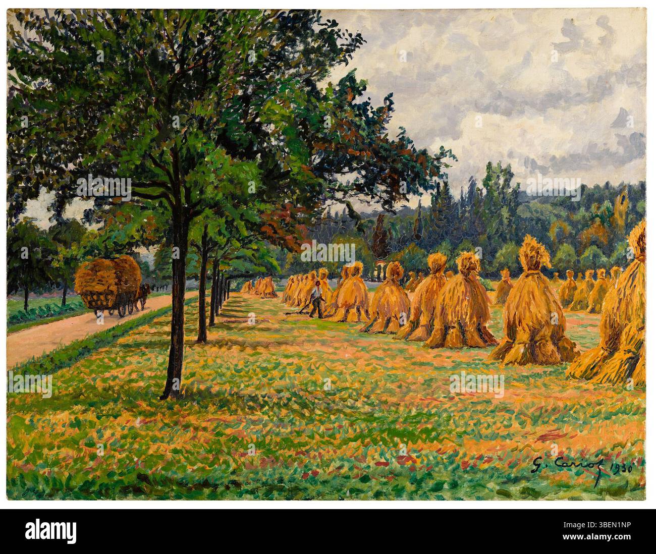 *Mousson, temps couvert*, peint en 1930 par Gustave Cariot, représente une scène nuageuse et couverte dans le village de Mousson. La peinture capture l'ambiance d'un ciel gris et instable, soulignant une atmosphère tamisée. Banque D'Images