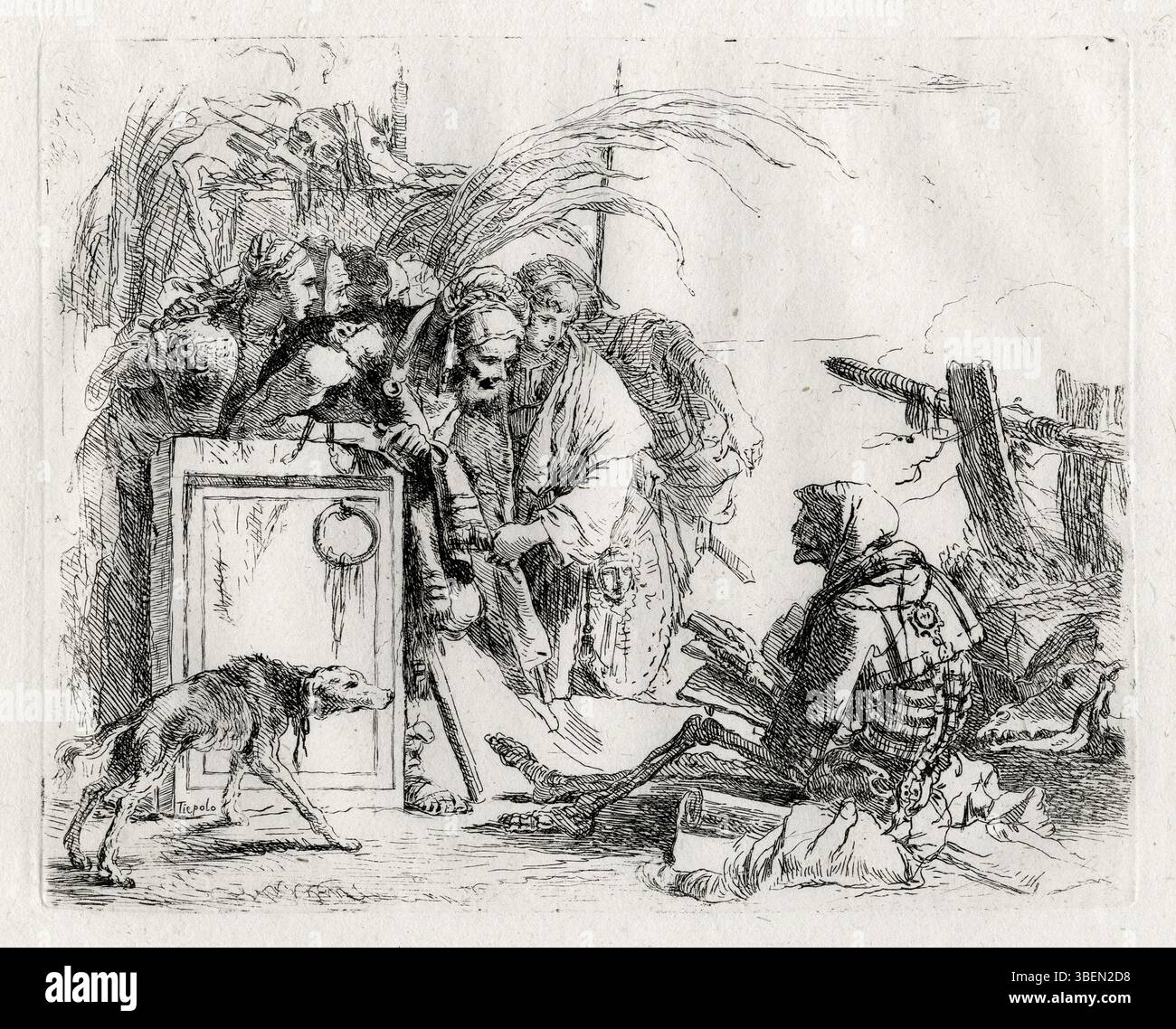 La peinture de Giovanni Battista Tiepolo représente la lecture de la mort d'un livre à un groupe de figures debout. L’œuvre allégorique explore les thèmes de la mortalité et de l’au-delà, communs dans le baroque Banque D'Images