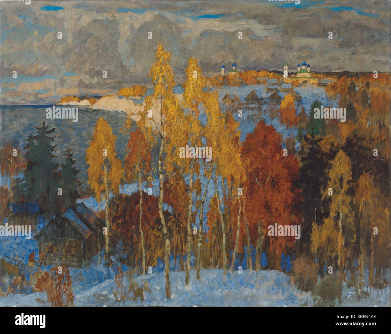 'Golden Autumn' de Konstantin Gorbatov (1876-1945) capture la beauté de la saison automnale, avec des couleurs vives représentant un paysage serein typique des scènes de campagne russes. La peinture souligne la transition de l'été à l'automne avec des tons riches et chauds et des images naturelles détaillées. Banque D'Images