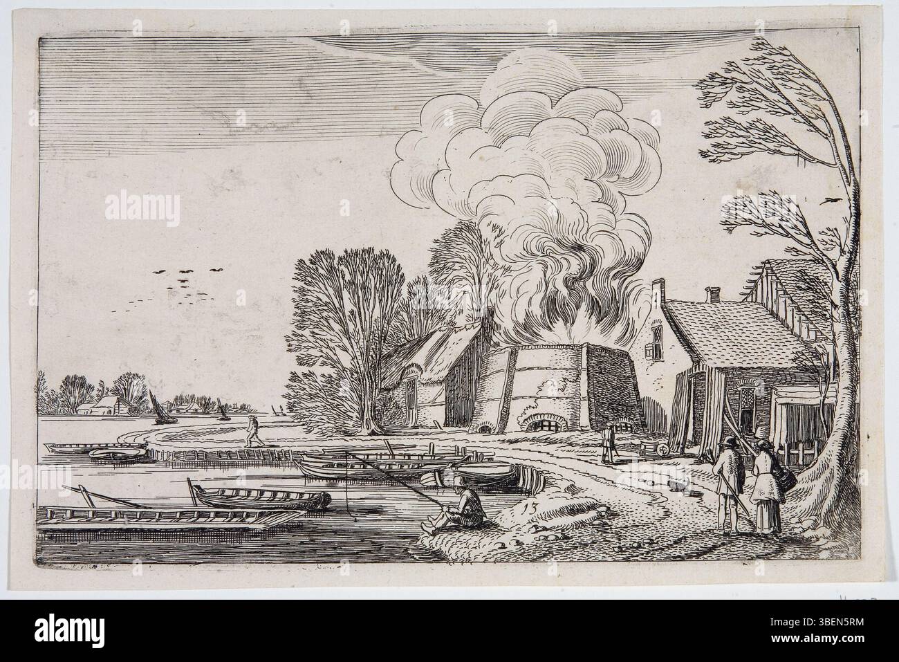 Cette œuvre de Jan van de Velde, intitulée 'Brandende Kalkoven' (brûler les fours à chaux), présente une représentation dramatique d'un four à chaux en action. La pièce est datée entre 1600 et 1641 et est conservée dans la collection PK-P-111,732. Banque D'Images