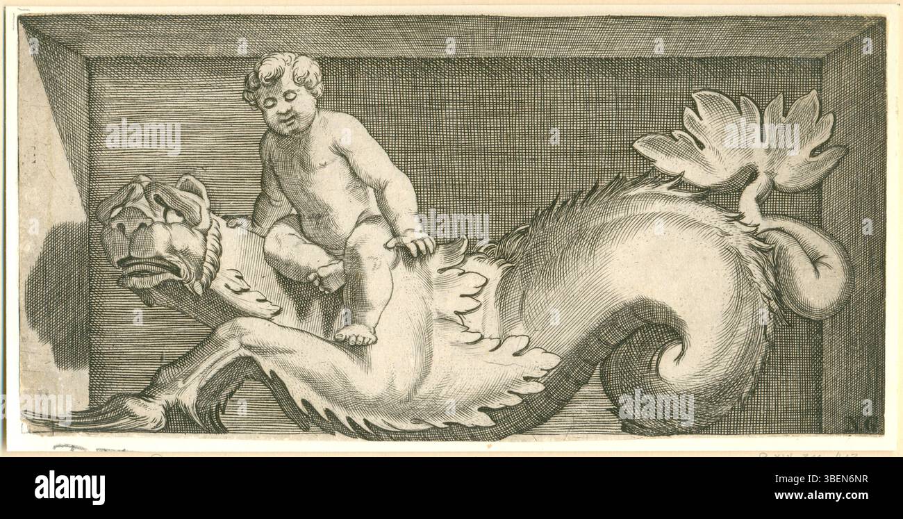 Marco Dente (c1486-1527) a créé cette image dramatique d'un enfant chevauchant un monstre marin. L'estampe reflète le symbolisme de la Renaissance, où des créatures mythiques étaient souvent utilisées pour explorer les thèmes de l'innocence et du danger de l'enfance. Banque D'Images