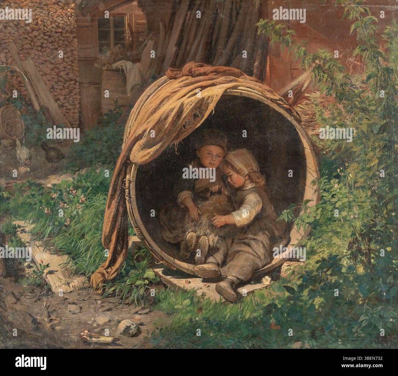 Une peinture à l'huile du XIXe siècle de l'école suisse ou allemande représente deux enfants assis dans un tonneau tout en toilettant un chien. La scène capture un moment ludique de l’enfance. Banque D'Images