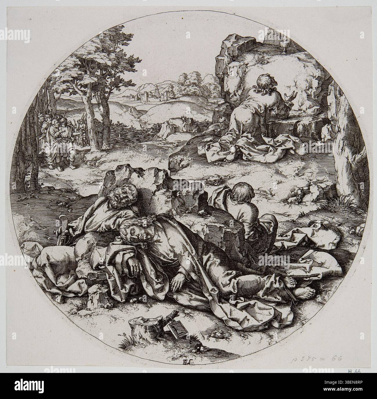 Représentation du Christ priant dans le jardin de Gethsémani, attribuée à Lucas van Leyden (1494-1533), avec une copie anonyme des XVIe et XVIIe siècles, format circulaire (tondo). Banque D'Images