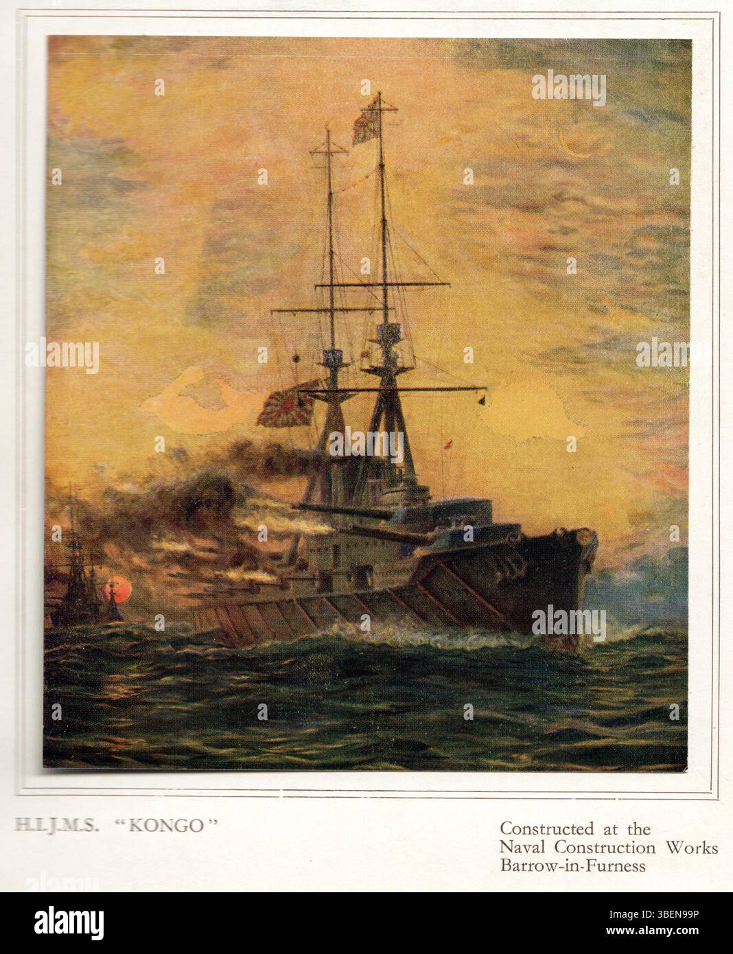 Cette peinture de 1930 de William Lionel Wyllie représente le croiseur de bataille *Kongo* tel qu'il a été construit à l'origine à Vickers-Armstrongs à Barrow-in-Furness. L'œuvre montre le navire dans sa conception initiale, soulignant l'ingénierie navale et l'importance militaire du navire au début du XXe siècle. Banque D'Images