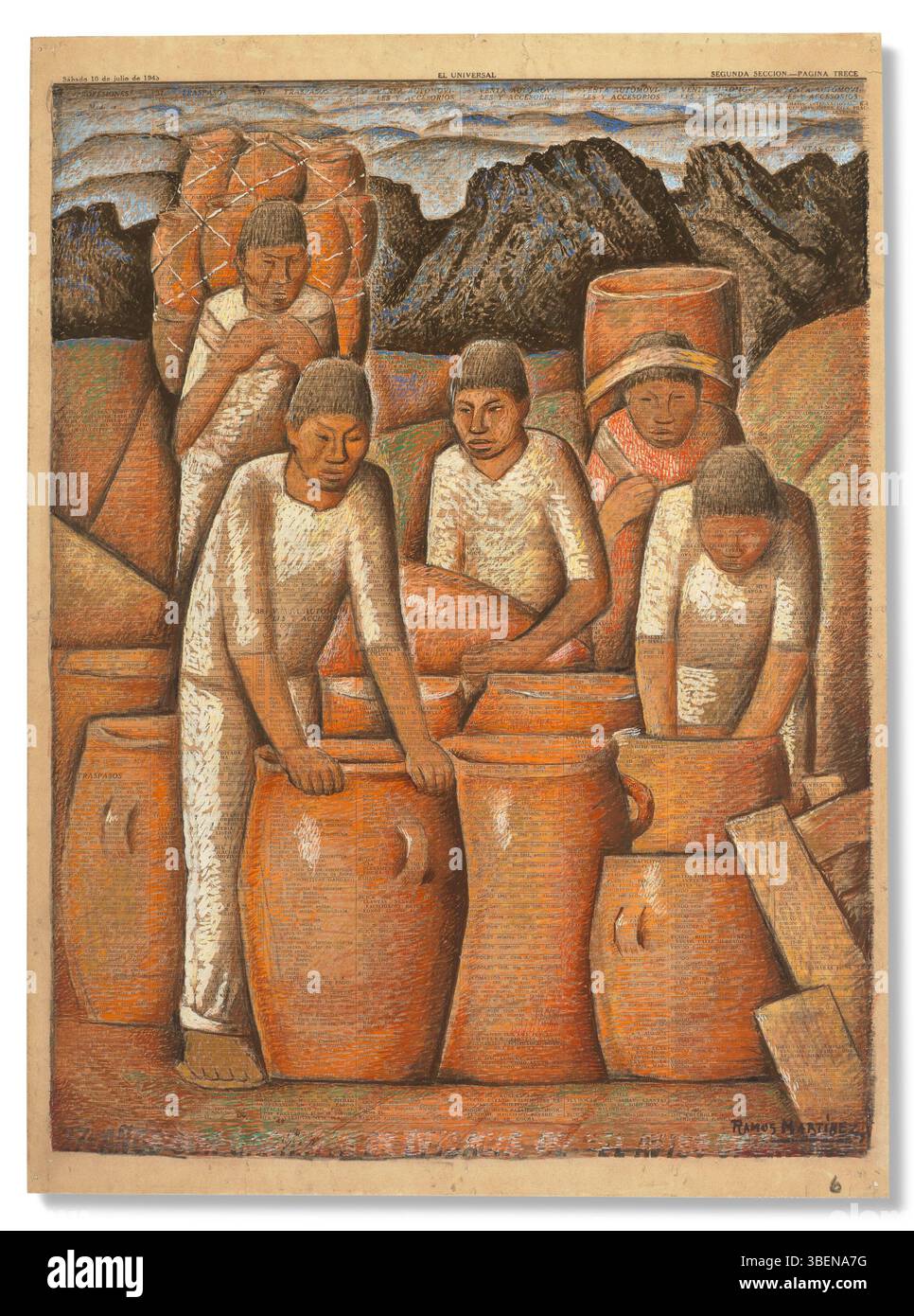 La peinture *Alfareros* (potiers) d'Alfredo Ramos Martínez datant de 1943 représente un groupe d'artisans engagés dans l'artisanat traditionnel de la poterie. Connu pour capturer la culture mexicaine, Ramos Martínez se concentre sur le travail et l'art impliqués dans ce processus, soulignant la physicalité et la précision du travail de poterie. Banque D'Images