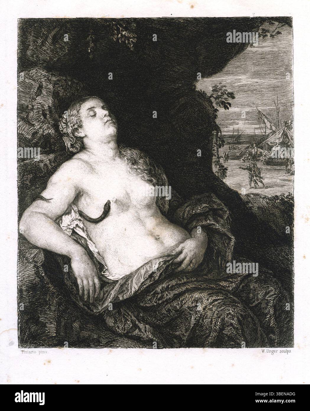 L'estampe intitulée Dying Cleopatra de William Unger, mettant en vedette l'œuvre de Lambert Sustris (vers 1515-1591), a été créée en 1518. L'estampe est conservée dans la collection universitaire Bibliotheken Leiden sous la marque d'étagère PK-1963-P-122 et représente les derniers moments dramatiques de Cléopâtre. L'œuvre ne comprend pas de contenu linguistique et est un exemple important de Renaissance européenne Banque D'Images