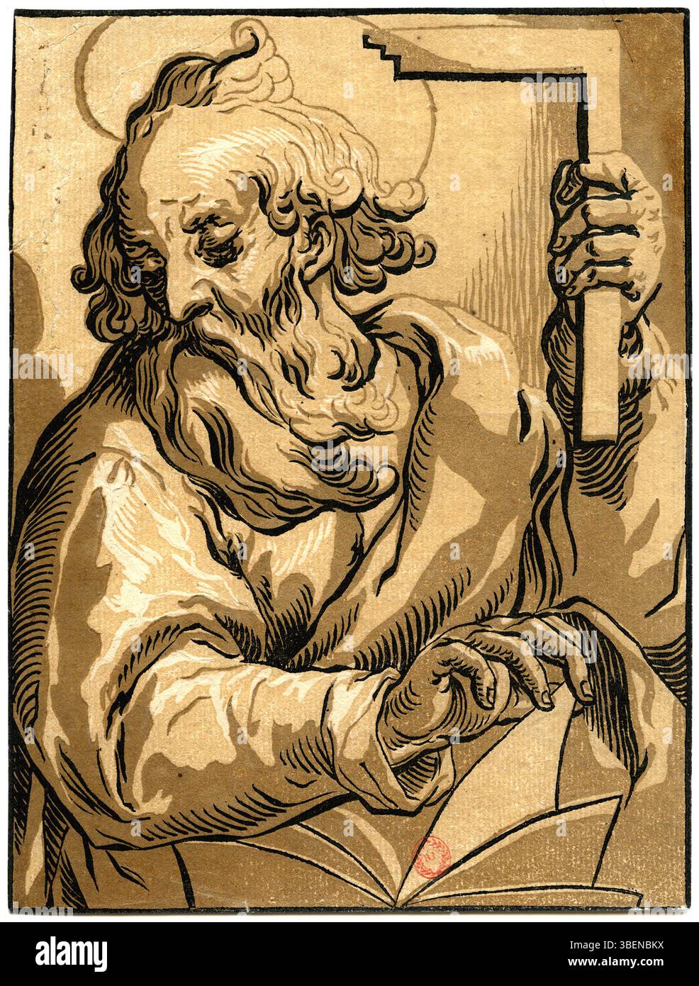 La gravure sur bois chiaroscuro de Ludolph Büsinck représente l'apôtre Saint Thomas de la série 'Christ et les apôtres'. Cette œuvre du XVIIe siècle illustre l'intensité émotionnelle des thèmes religieux à l'aide d'une technique de blocs bicolores. La méthode chiaroscuro met l'accent sur les contrastes de lumière et d'ombre, capturant la nature spirituelle et dramatique de la scène. Banque D'Images La gravure sur bois chiaroscuro de Ludolph Büsinck représente l'apôtre Saint Thomas de la série 'Christ et les apôtres'. Cette œuvre du XVIIe siècle illustre l'intensité émotionnelle des thèmes religieux à l'aide d'une technique de blocs bicolores. La méthode chiaroscuro met l'accent sur les contrastes de lumière et d'ombre, capturant la nature spirituelle et dramatique de la scène. Banque D'Images