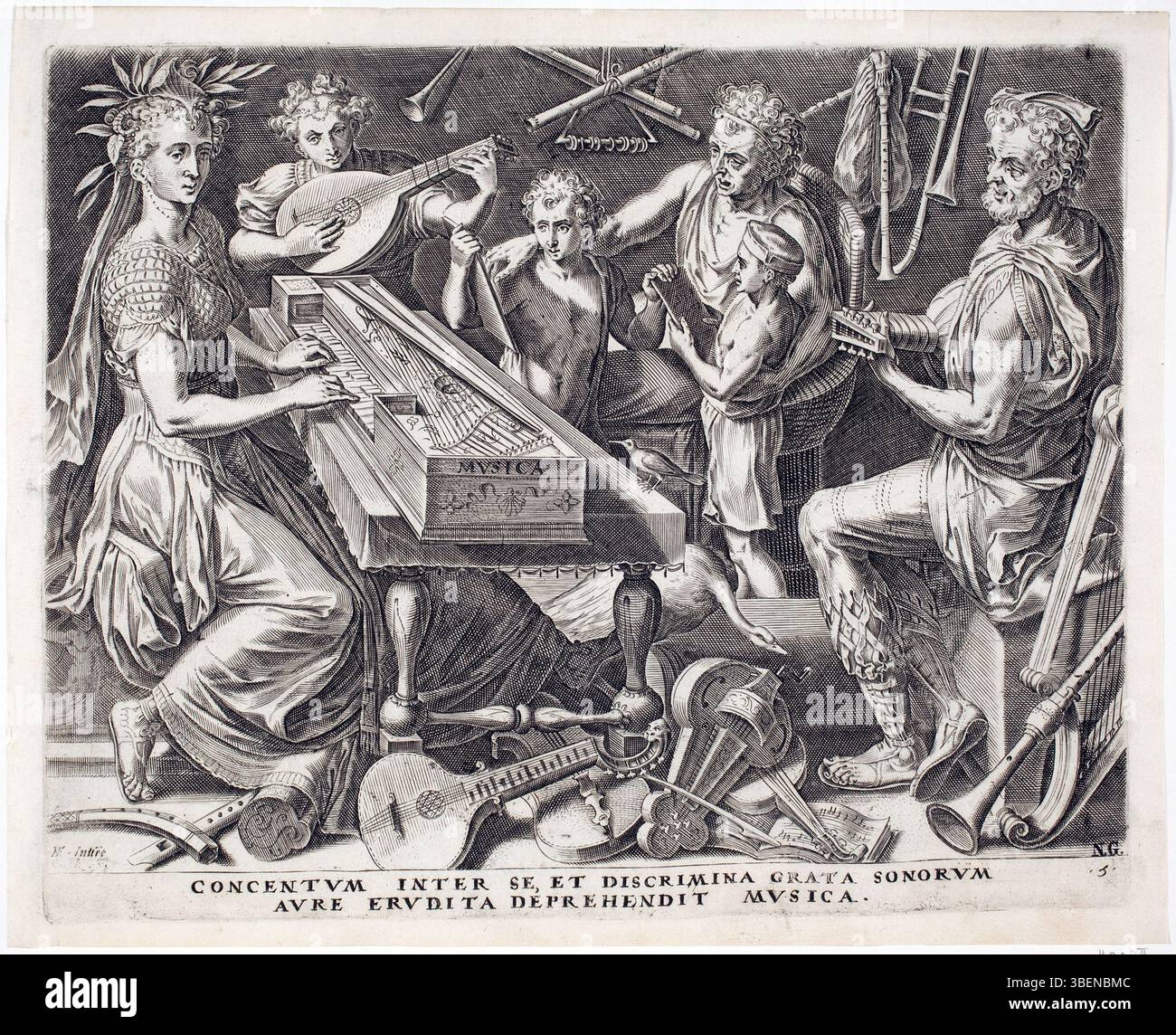The Seven Liberal Arts : Music or the concert est une gravure de Cornelis Cort, créée entre 1533 et 1578. Il illustre l'importance de la musique comme l'un des sept arts libéraux, souvent associé à des activités intellectuelles et éducatives à la Renaissance. Banque D'Images