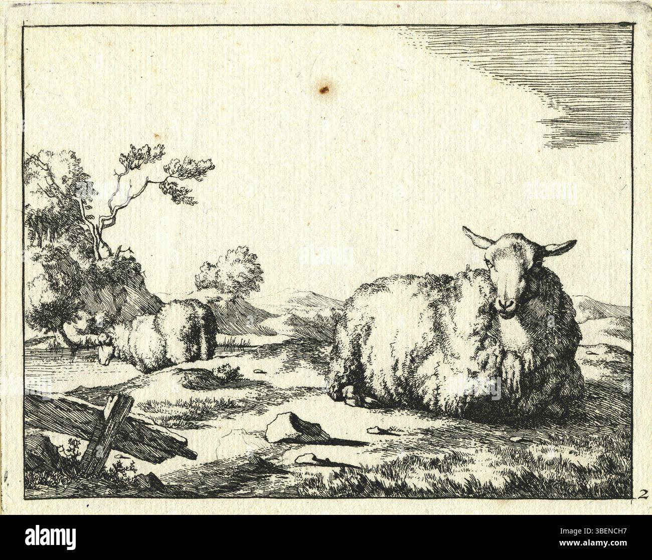 L'œuvre intitulée 'een liggende en een lopend schaap' a été créée par Marcus de Bye (1639-1690), mettant en vedette un mouton couché et courant. Il est stocké dans la collection PK-P-112,760. La pièce n'est pas datée mais probablement du XVIIe siècle. Banque D'Images
