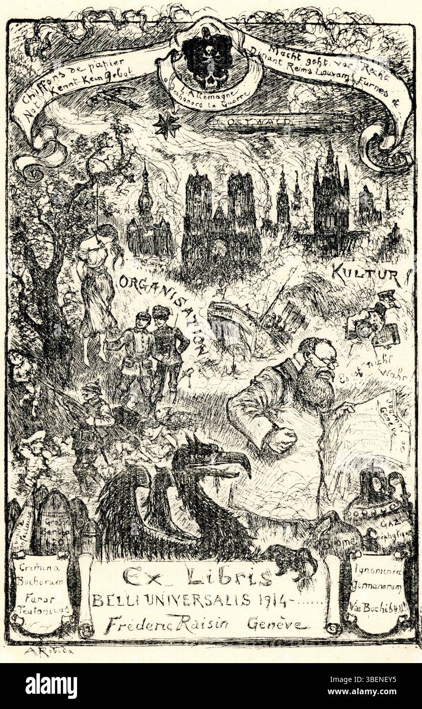 Ex-libris d'Albert Robida, conçu pour Frédéric raisin vers 1914. L'œuvre présente le style caractéristique de Robida d'illustrations détaillées et fantastiques, mêlant imagination et compétence technique. Banque D'Images