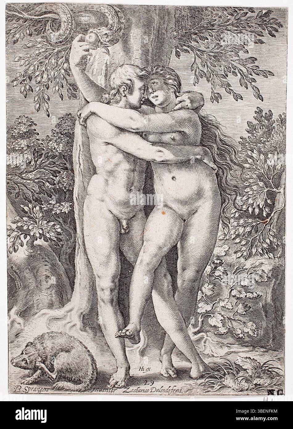 L'œuvre d'art Adam et Eve de Zacharias Dolendo, créée à la fin du XVIe siècle, représente les figures bibliques d'Adam et Eve dans un moment de tentation. La pièce reflète des thèmes religieux et la représentation emblématique de la chute de l'homme, un sujet populaire dans la Renaissance et le Baroque entière Banque D'Images