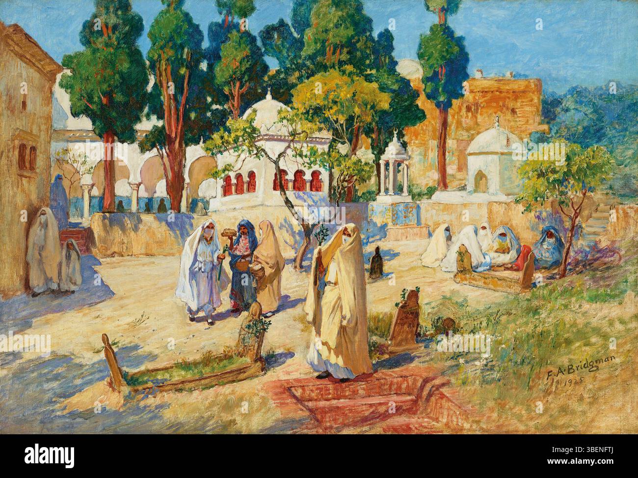 Dans *Journée de la femme arabe au cimetière de Bou-Kobrine*, Frederick Arthur Bridgman capture une scène culturelle à Bou-Kobrine, montrant des femmes arabes dans un cimetière. La peinture reflète la fascination de Bridgman pour la culture nord-africaine et la vie quotidienne au cours de ses voyages. Banque D'Images