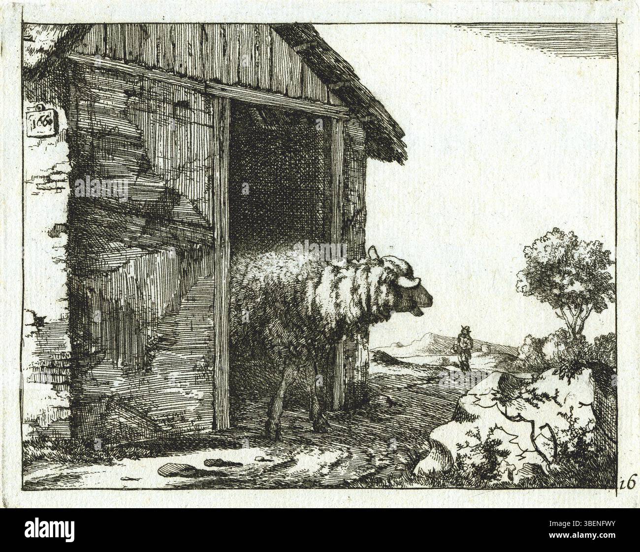 Cette œuvre de Marcus de Bye représente un mouton sortant d'une écurie symbolisant la vie pastorale. Créée à l'époque baroque, la pièce reflète le souci du détail de l'artiste et son accent sur la vie rurale et les animaux en tant que sujets dans leur ensemble Banque D'Images