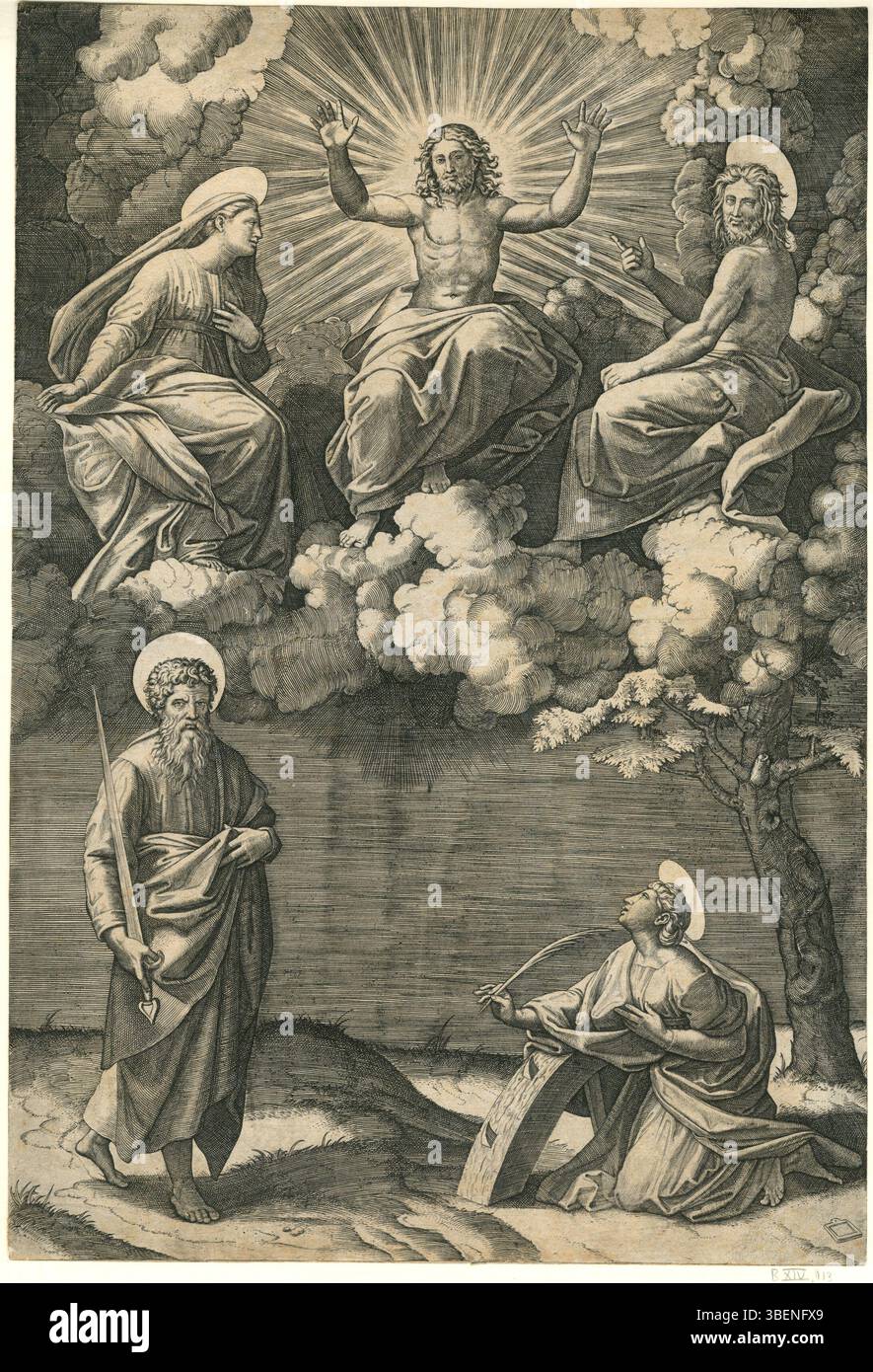 La gravure de Marcantonio Raimondi met en vedette Christ, The Virgin, préparés John, préparés Paul, and préparé Catherine, collectivement connues sous le nom de « les cinq saintes ». L'œuvre est attribuée au XVIe siècle. Banque D'Images