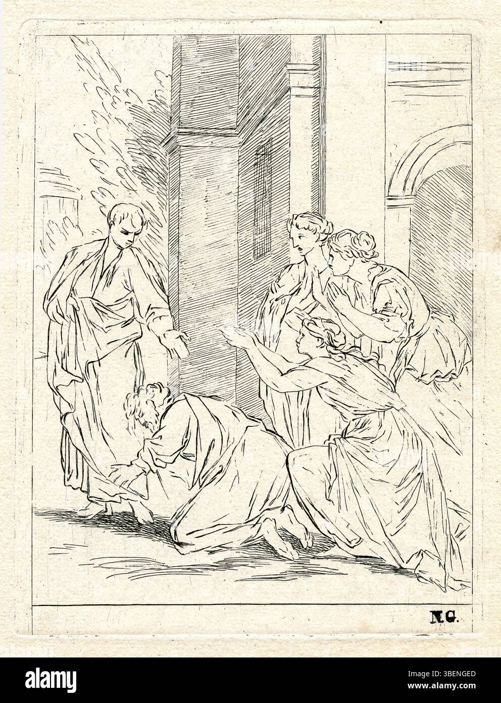 'Een Romein met smekelingen' de Bernard Picart dépeint une figure romaine avec des mendiants, mettant en évidence des thèmes de pouvoir et de compassion. Cette pièce reflète l’habileté de l’artiste à saisir les complexités du comportement humain, typique du baroque Banque D'Images