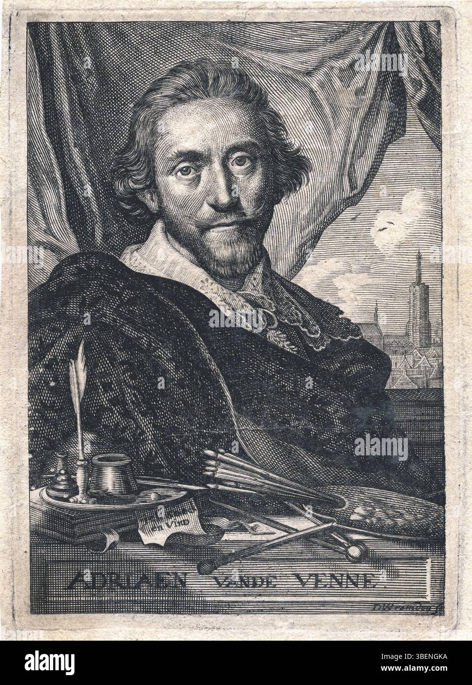 Adriaen van de Venne était un peintre et poète néerlandais actif vers 1600-1611. Cette œuvre est attribuée à Daniel Van Den Bremden (1587–après 1611) et représente l'art néerlandais de l'âge d'or combinant arts visuels et littéraires Banque D'Images