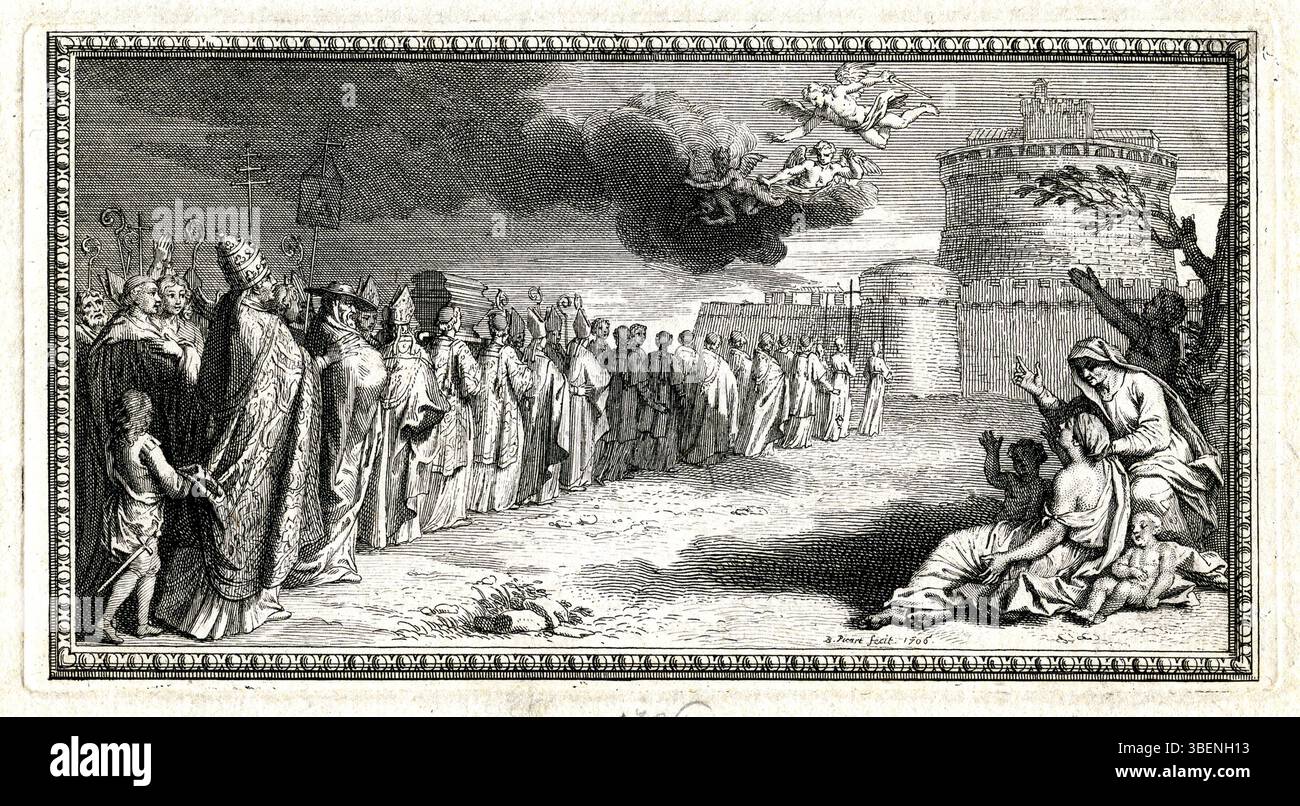 La gravure de Bernard Picart illustre la vision du pape Grégoire de l’archange Michel pendant la peste, un événement religieux et historique significatif représenté en baroque complet Banque D'Images