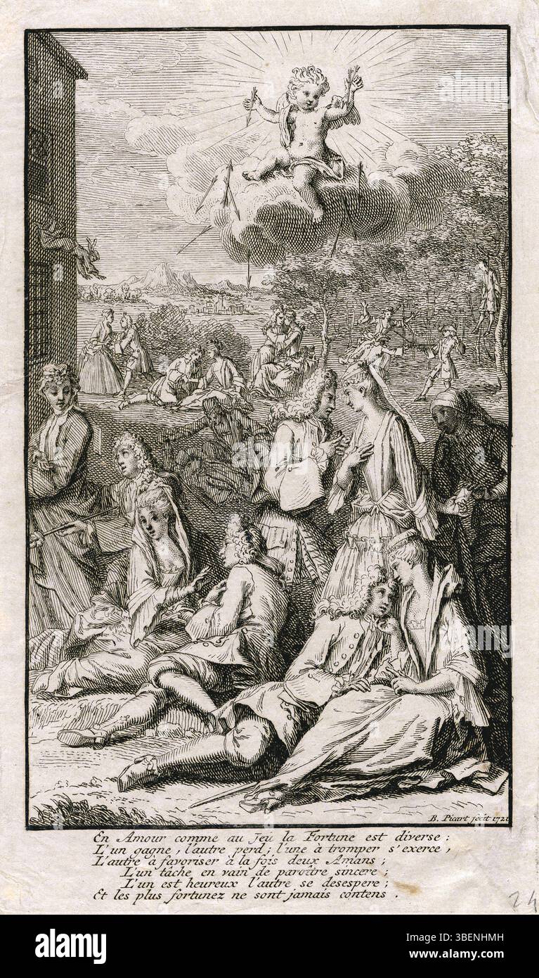 « Allégorie de la cour » de Bernard Picart, créée en 1721, est une représentation symbolique de la cour, un thème couramment exploré dans le baroque complet La gravure reflète les normes culturelles et sociales de l’époque, mettant en évidence les formalités et les rituels entourant les relations amoureuses. Banque D'Images