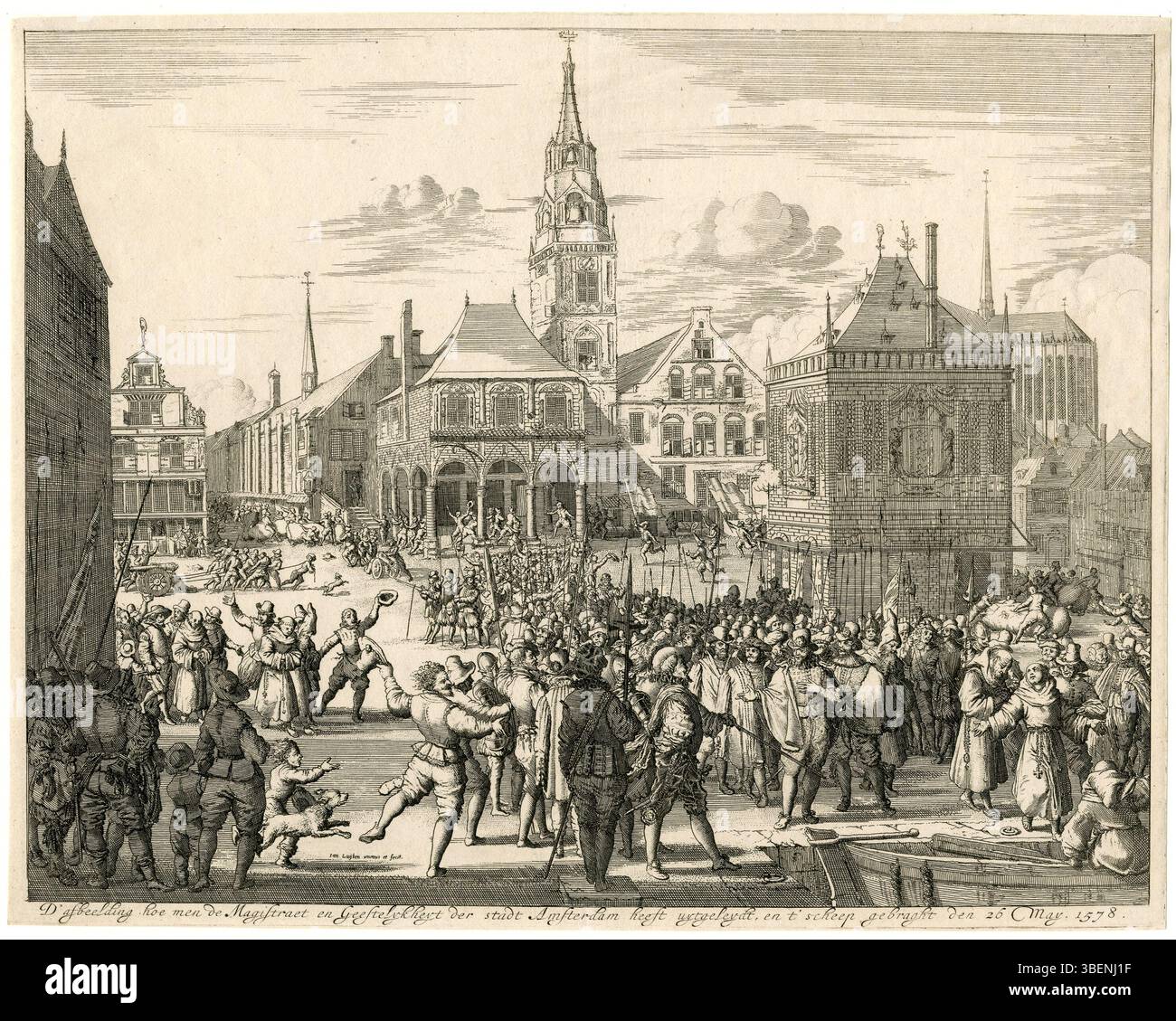 Cette œuvre de Jan Luyken (1649-1712) décrit l'expulsion du clergé et des magistrats d'Amsterdam. La scène provient de Pieter Christiaansz. *Oorspronck der Nederlantschen oorloghen* de Bor, avec des éditions allant de 1595 à 1631. Banque D'Images