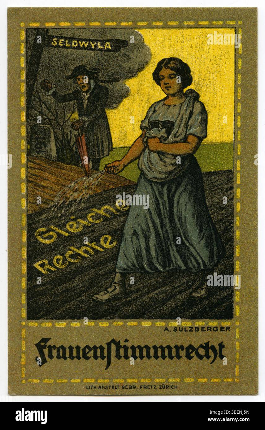 Cette affiche de 1912 d'Adolf Sulzberger soutient le mouvement pour le suffrage féminin en Suisse, avec le slogan 'Gleiche Rechte. Frauenstimmrecht », qui signifie « égalité des droits ». Suffrage féminin.' La conception appelle à l'égalité des sexes dans le droit de vote, marquant un moment important dans l'histoire politique suisse. Banque D'Images