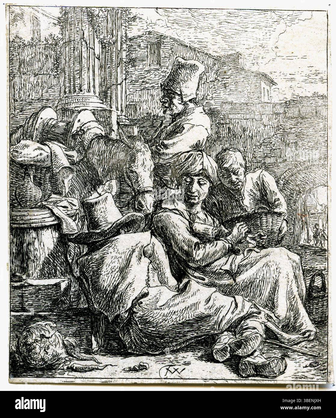 Dans cette œuvre de Thomas Wijck (c.1616-1677), une couturière est représentée entourée de trois hommes. La scène présente un récit de la vie quotidienne au XVIIe siècle, mettant en évidence les interactions sociales et les rôles de genre. L'imprimé fait partie d'une série plus vaste explorant des thèmes similaires. Banque D'Images