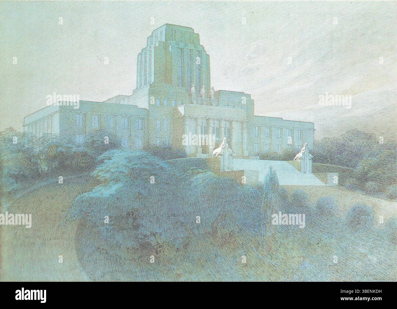 Cette conception de 1908 par Eliel Saarinen a remporté un prix et a servi de base au bâtiment du Parlement finlandais, connu sous le nom d'Eduskuntatalo. La conception reflète l'approche moderniste de Saarinen en matière d'architecture civique en Finlande. Banque D'Images