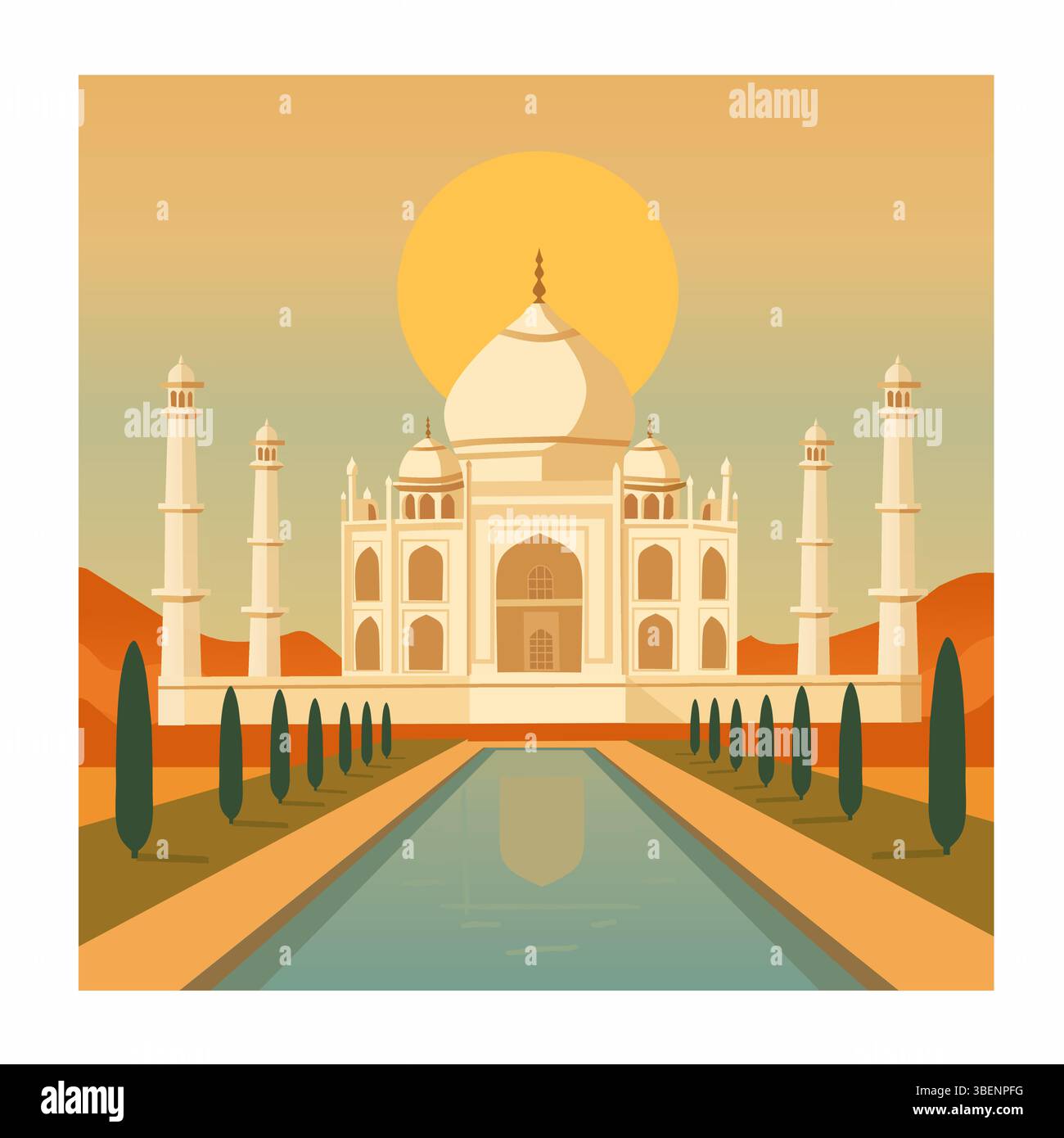 Taj Mahal Inde illustration vectorielle | célèbre Monument avec coucher de soleil et piscine de réflexion Illustration de Vecteur
