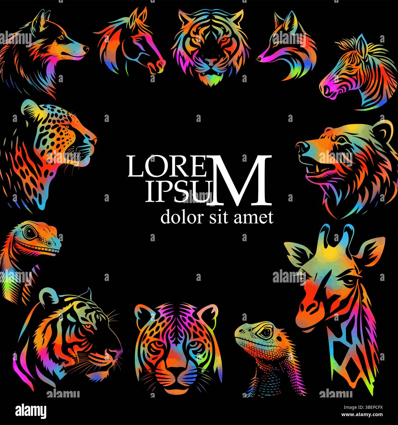 Cadre avec différents animaux colorés. Afrique coloré abstrait avec des animaux. dessin à la main. Pas ai, illustration vectorielle Illustration de Vecteur