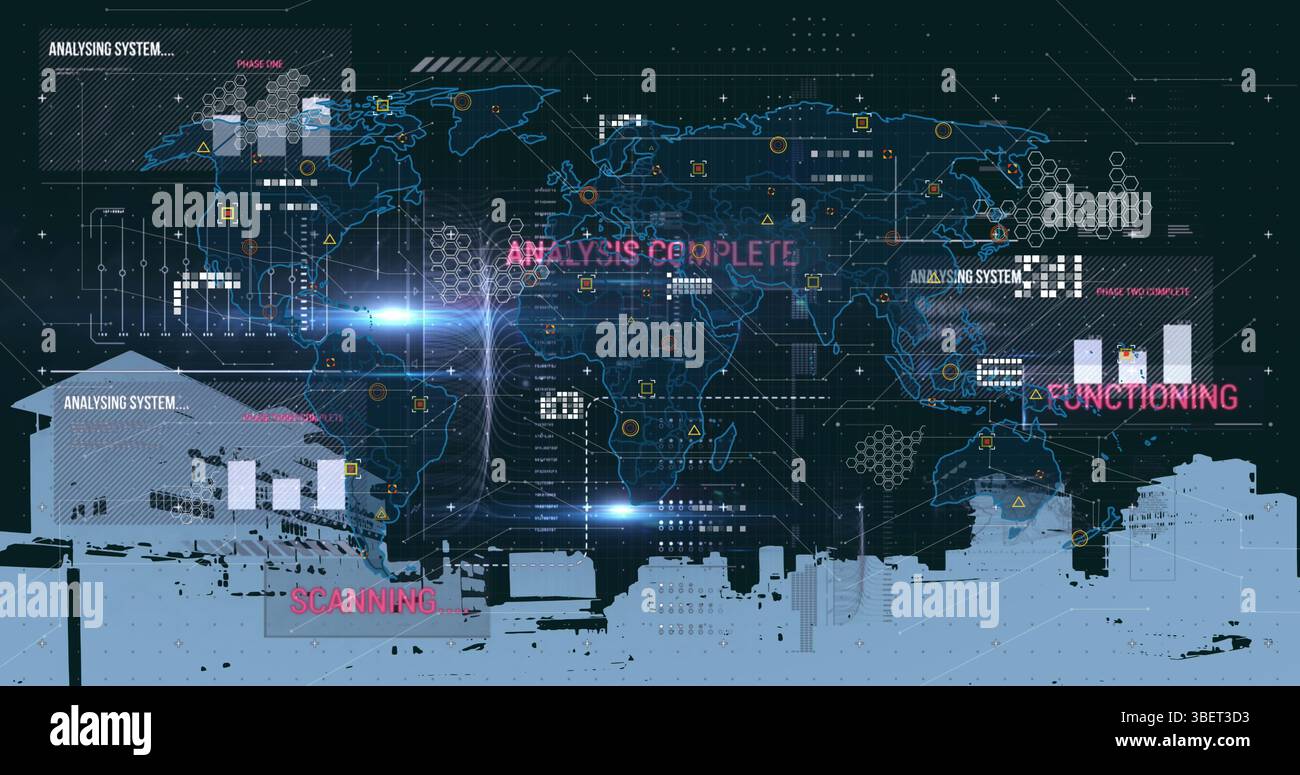 Image du traitement des données et de la ville sur fond noir Banque D'Images