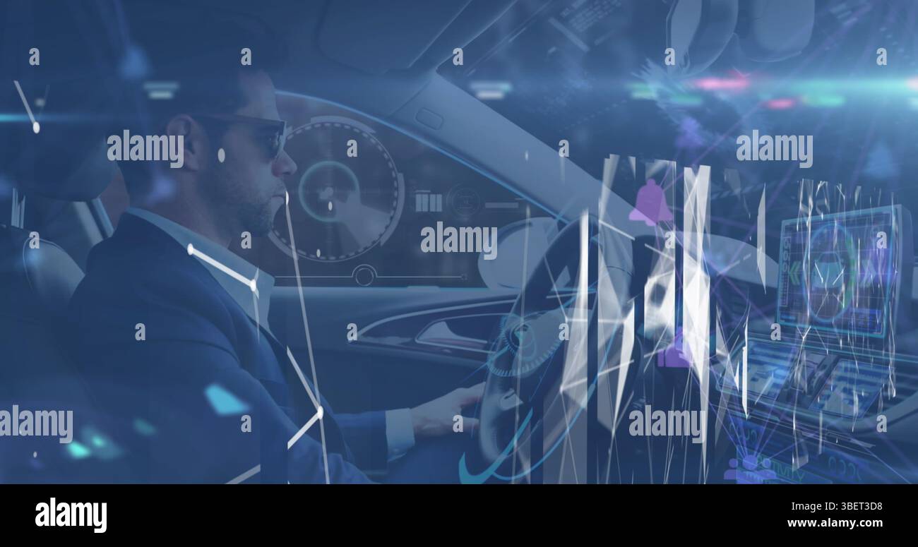 Image de réseau de connexions et de traitement de données contre un homme afro-américain conduisant une voiture Banque D'Images