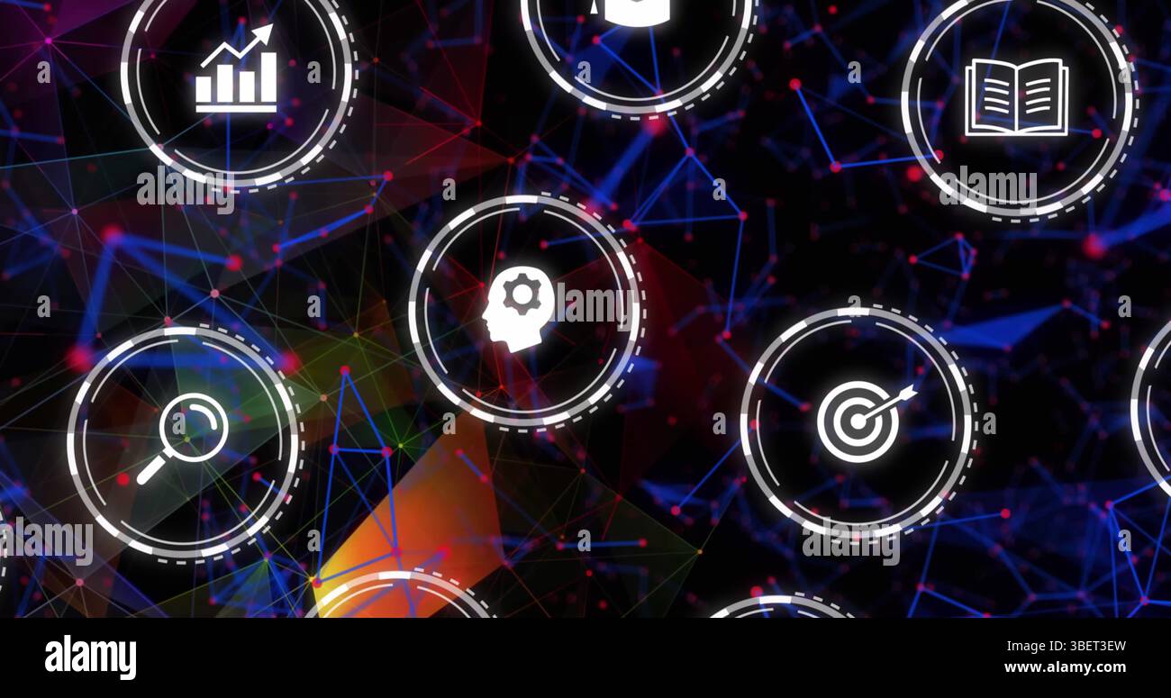 Image d'icônes d'éducation tombant sur un réseau de connexions sur fond sombre Banque D'Images