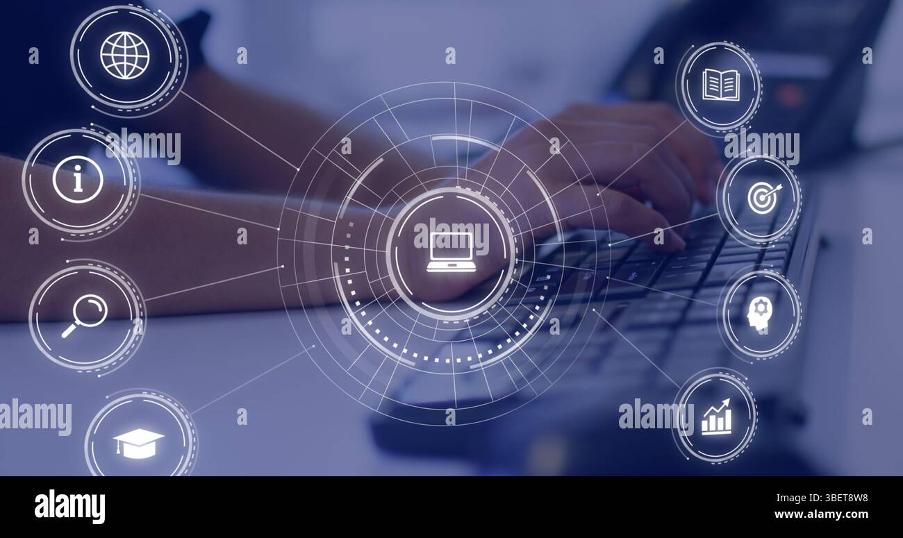 Image d'icônes d'éducation tombant au-dessus d'une personne utilisant un ordinateur portable Banque D'Images