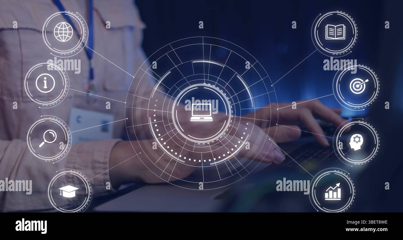 Image d'icônes d'éducation tombant au-dessus d'une personne utilisant un ordinateur portable Banque D'Images