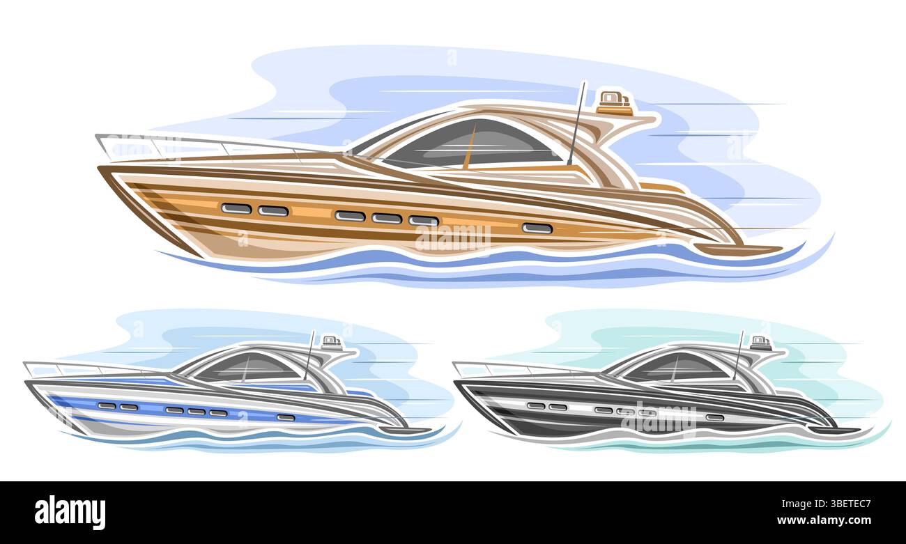 Vector Motor Boat Set, affiche nautique horizontale avec 3 clip art de bande dessinée isolé de bateaux de vitesse compacts en mouvement pour le voyage, illustration de coul Illustration de Vecteur